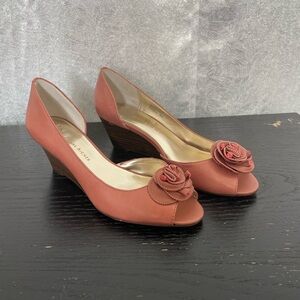 Etienne Aigner Coral Peep Toe Wedge Heels with Floral Accent | 8